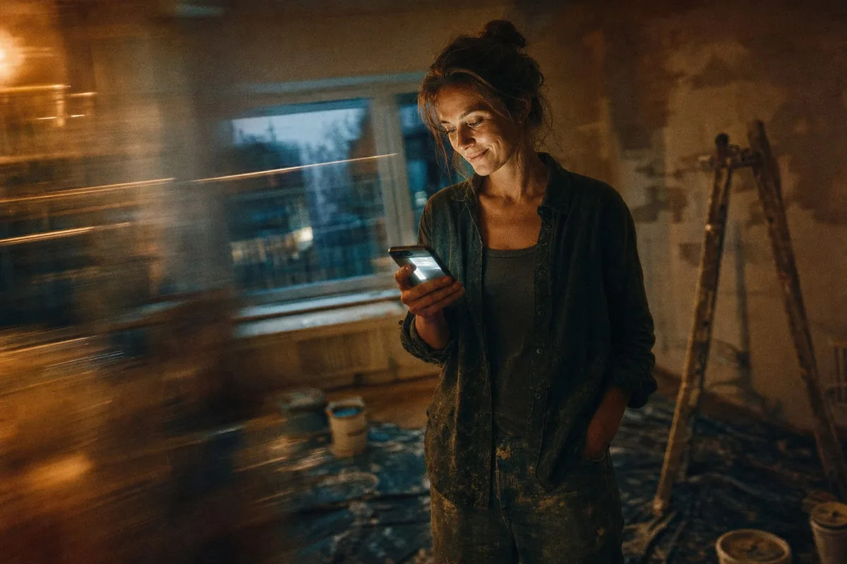 Frau steht abends in einem halb renovierten Wohnzimmer und schaut auf ihr Handy