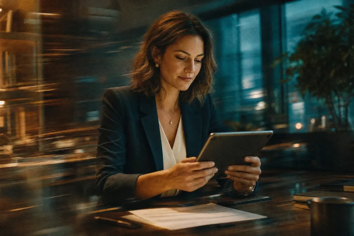 Unternehmerin schaut zufrieden auf eine Preisübersicht auf ihrem Tablet